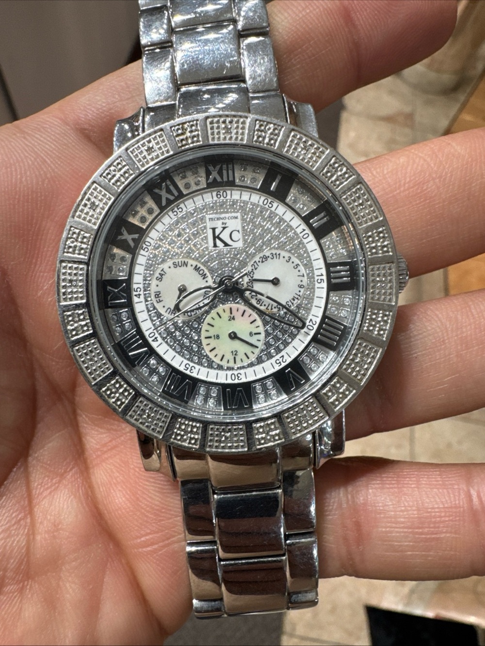 KC Men’s Genuine Diamond Watch Stainless Steel Iced Out Working Pre-Owned